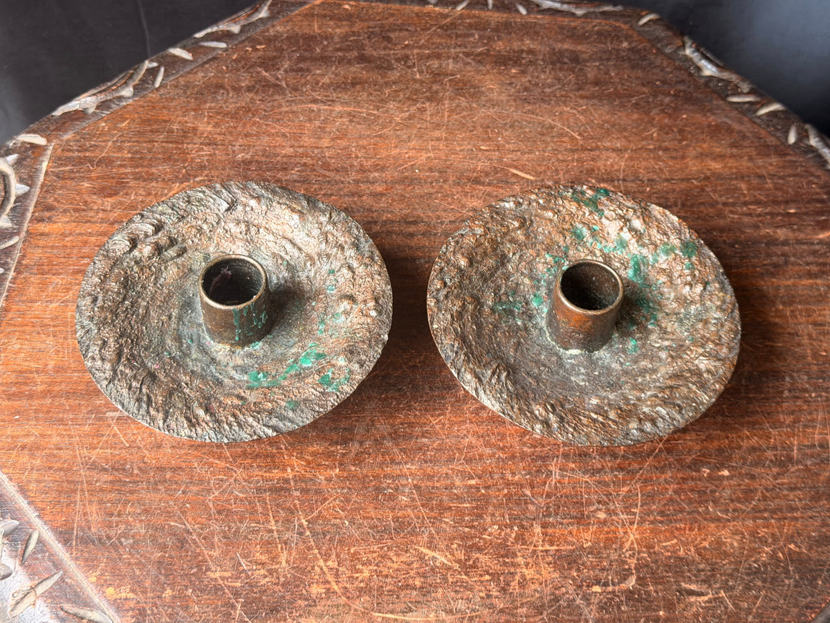 Brutalist Textured Copper Tone Metal Taper Candle Holders Pair 5.2 in