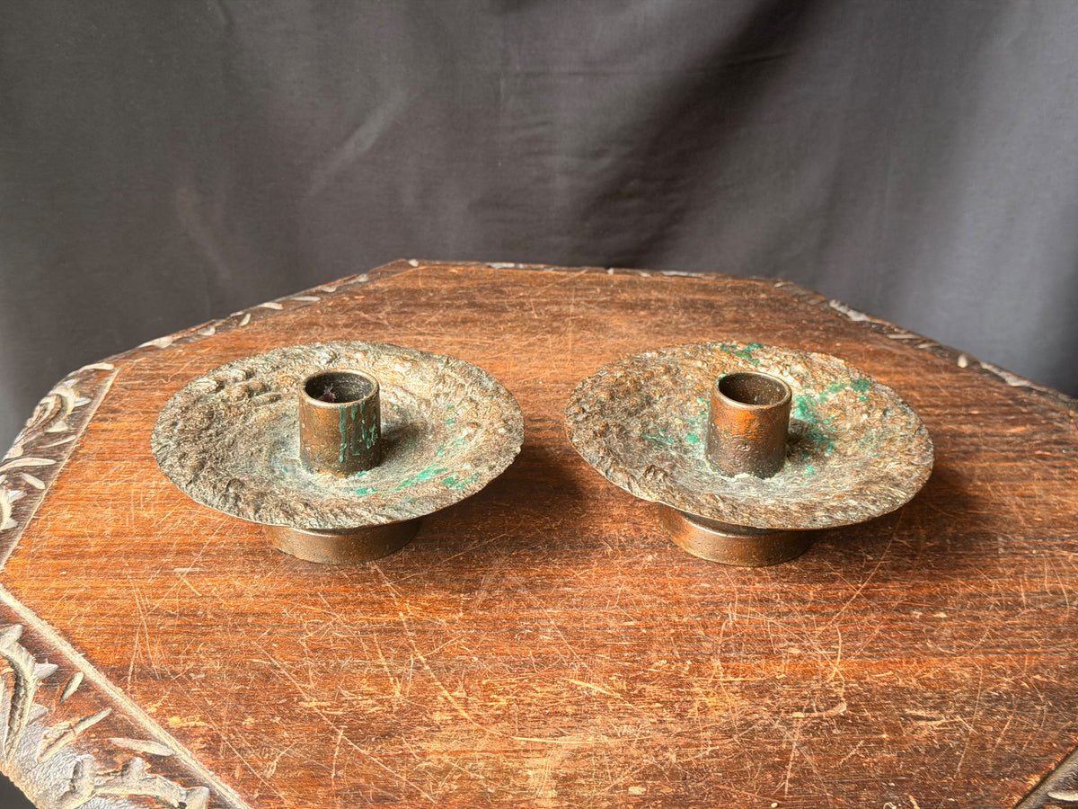 Brutalist Textured Copper Tone Metal Taper Candle Holders Pair 5.2 in