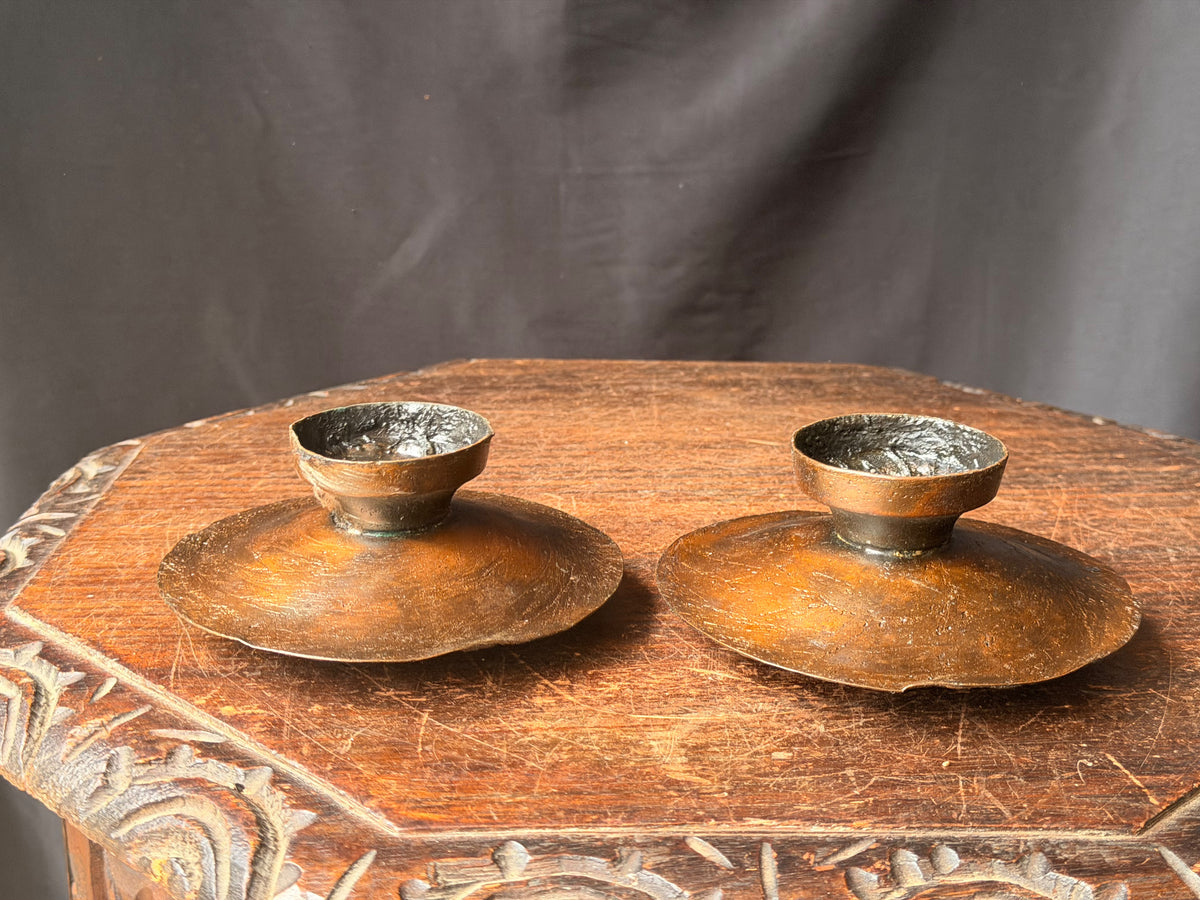 Brutalist Textured Copper Tone Metal Taper Candle Holders Pair 5.2 in