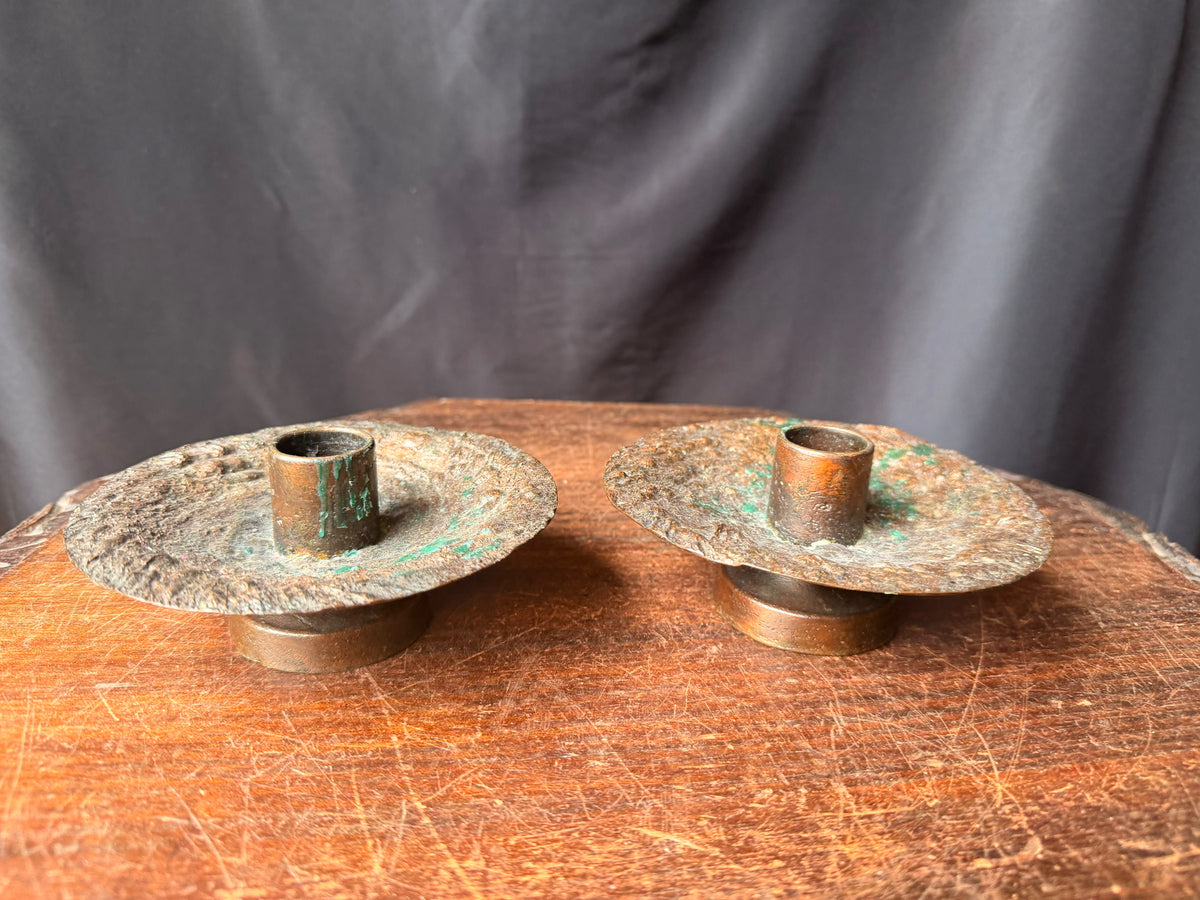 Brutalist Textured Copper Tone Metal Taper Candle Holders Pair 5.2 in