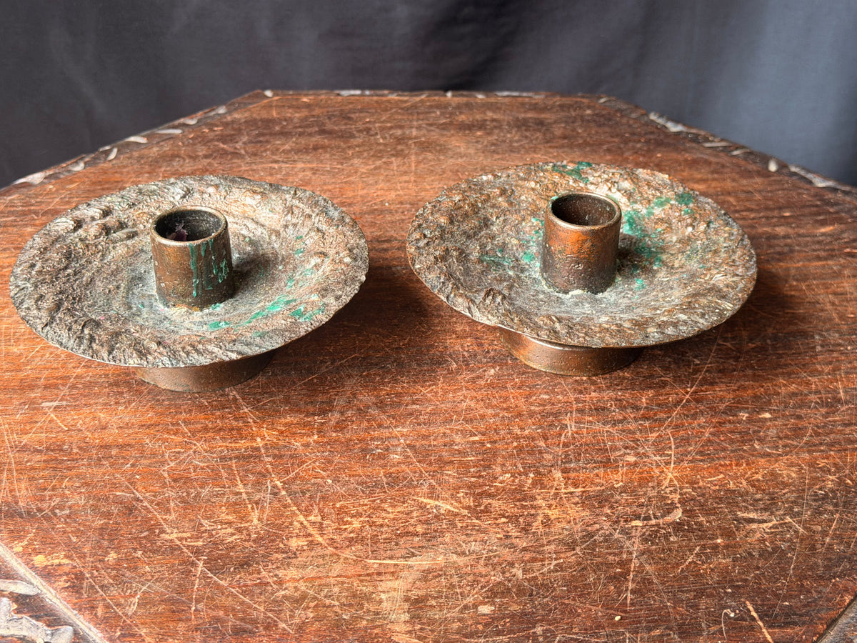 Brutalist Textured Copper Tone Metal Taper Candle Holders Pair 5.2 in