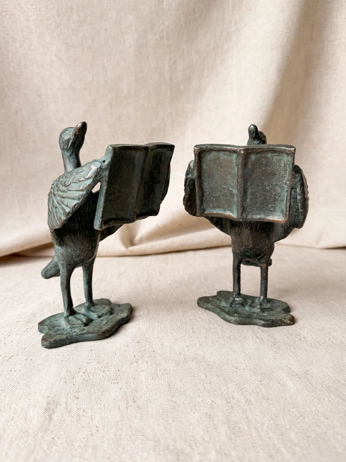 SPI San Pacific Cast Iron Bird Bookends Pair Open Book Verdigris Finish 8 in