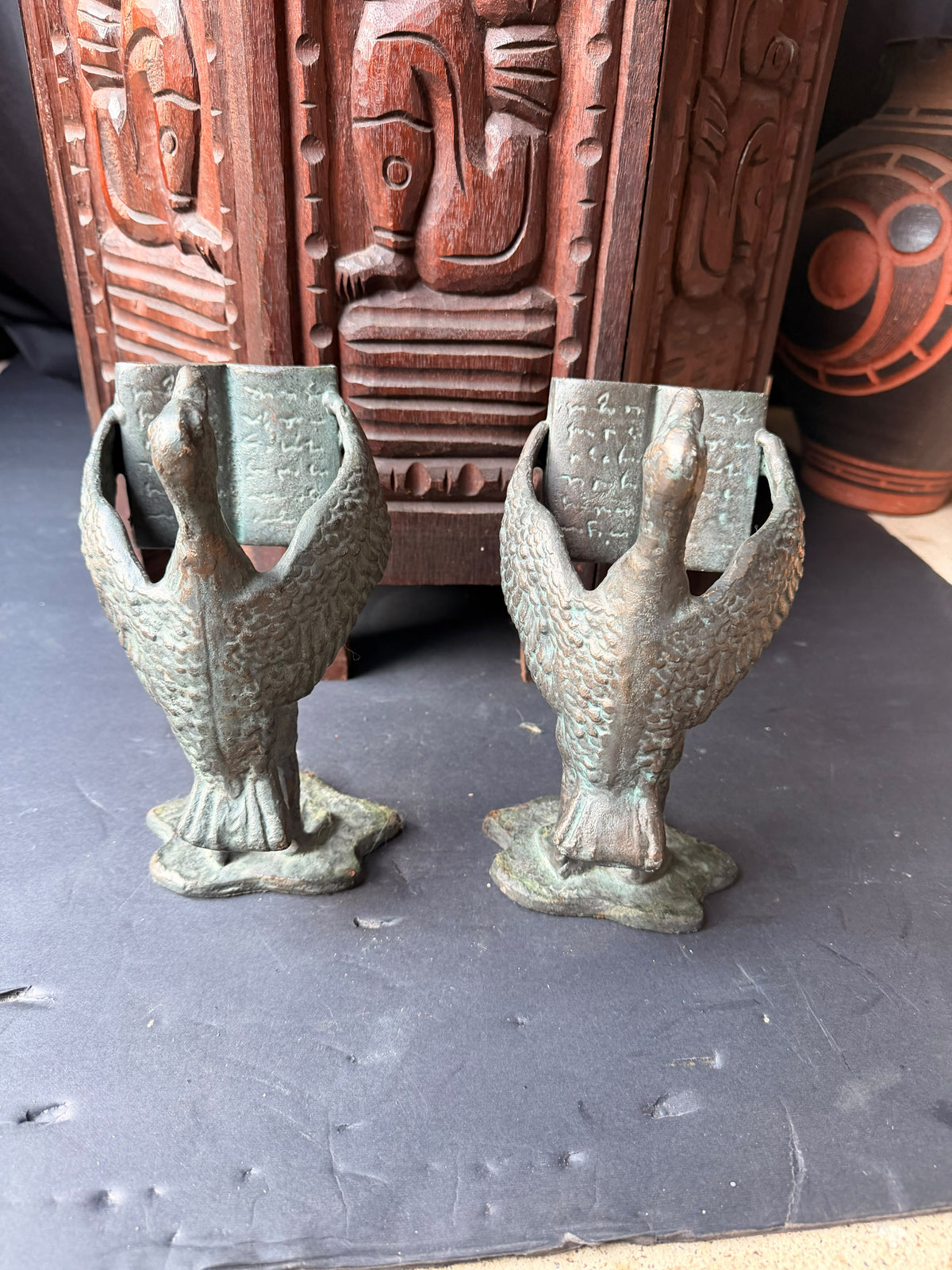 SPI San Pacific Cast Iron Bird Bookends Pair Open Book Verdigris Finish 8 in