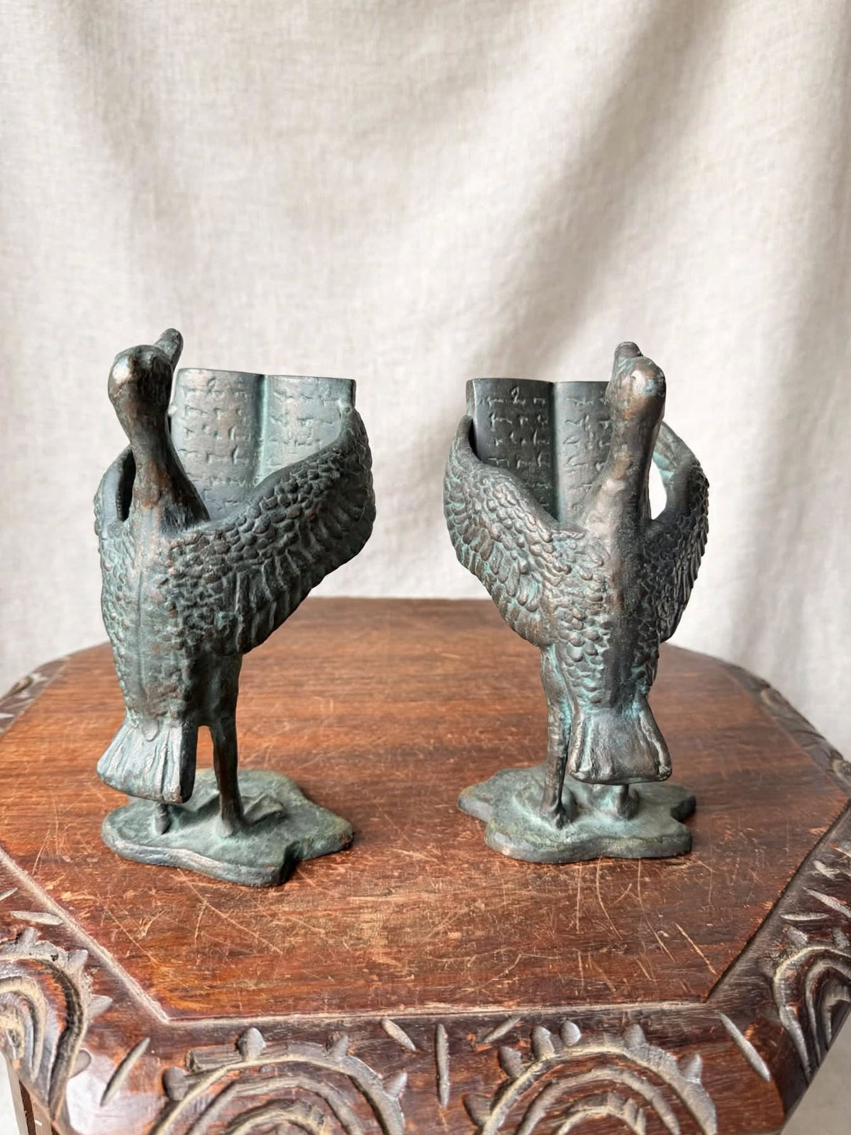 SPI San Pacific Cast Iron Bird Bookends Pair Open Book Verdigris Finish 8 in