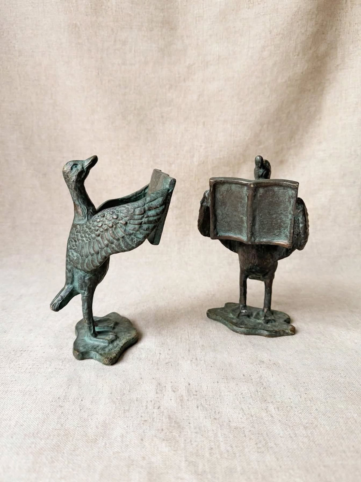 SPI San Pacific Cast Iron Bird Bookends Pair Open Book Verdigris Finish 8 in