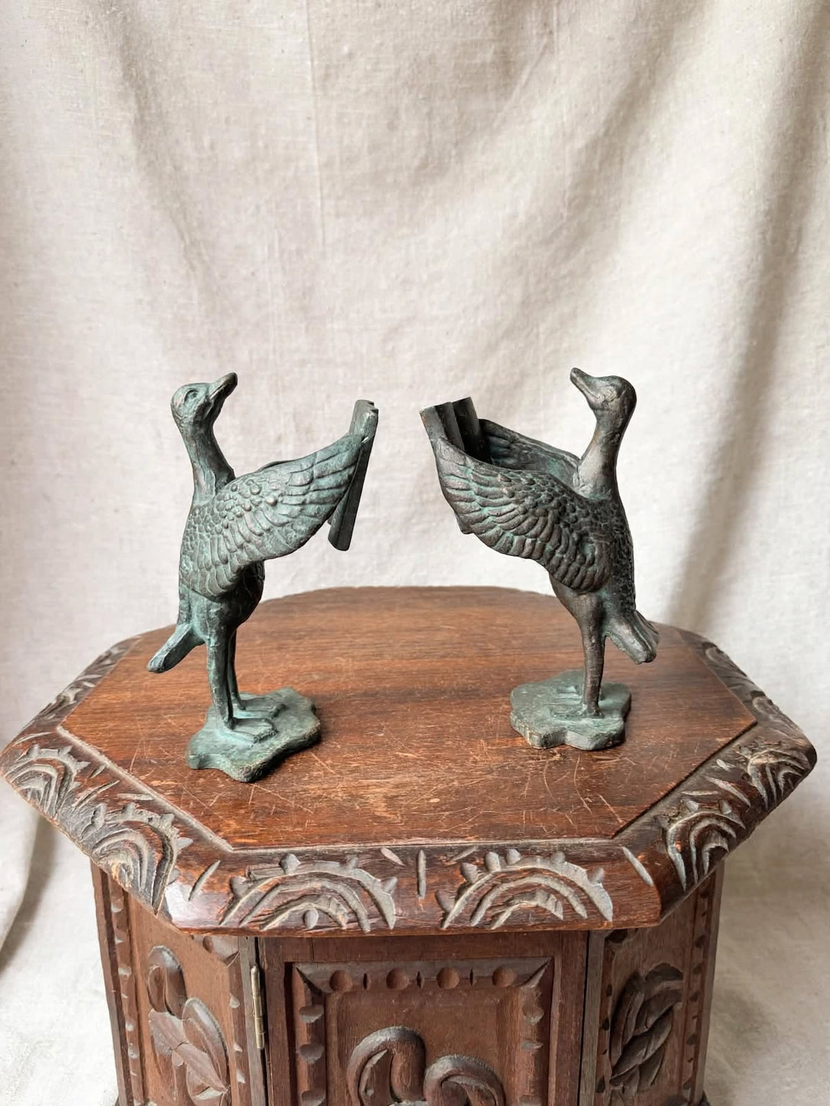 SPI San Pacific Cast Iron Bird Bookends Pair Open Book Verdigris Finish 8 in