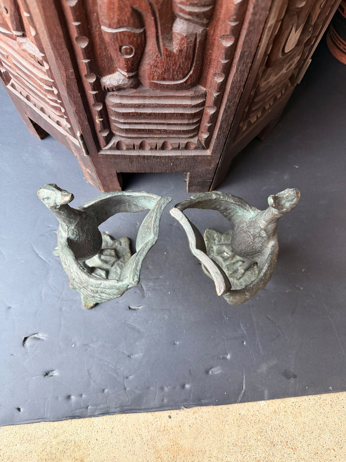 SPI San Pacific Cast Iron Bird Bookends Pair Open Book Verdigris Finish 8 in