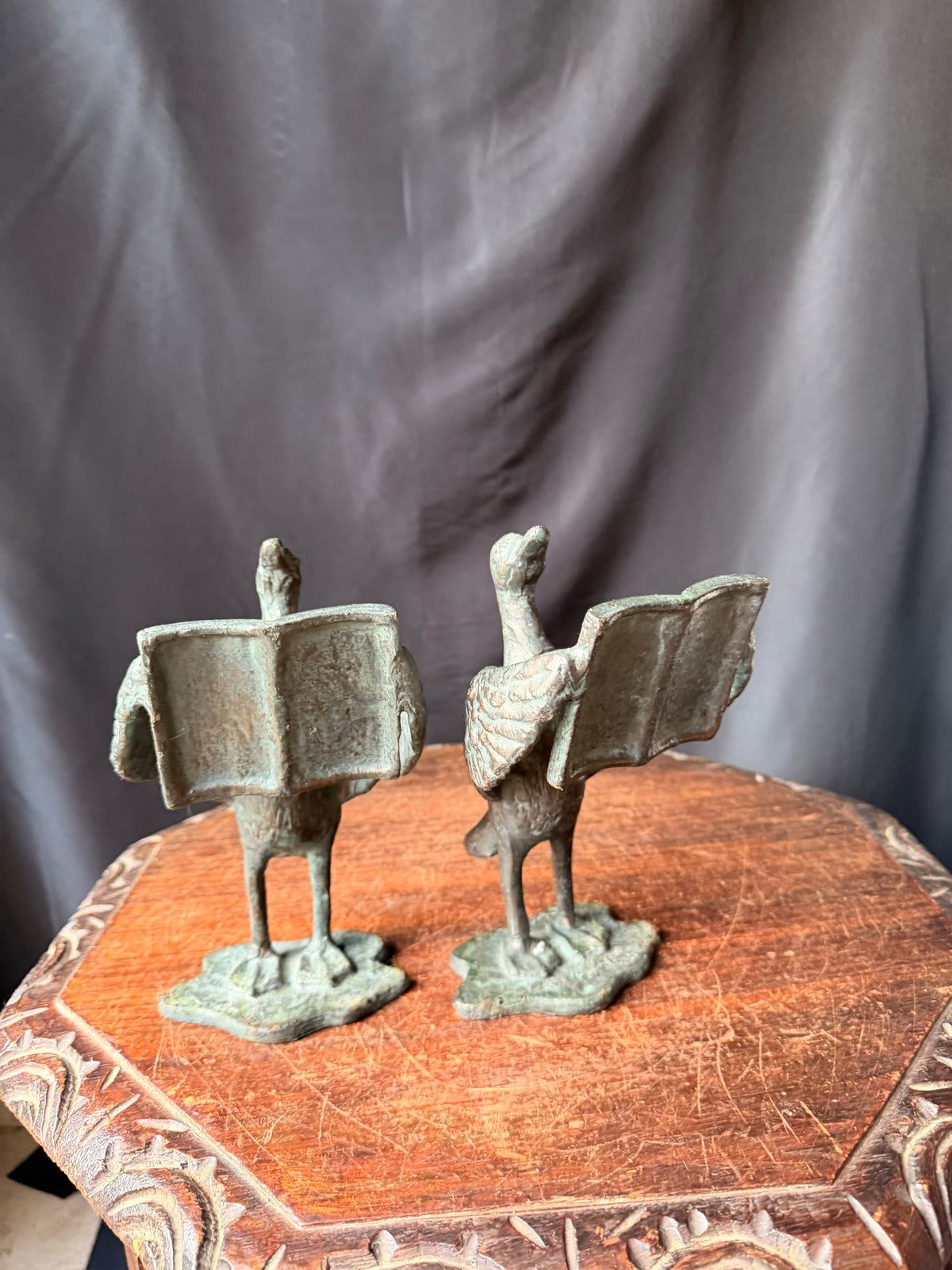SPI San Pacific Cast Iron Bird Bookends Pair Open Book Verdigris Finish 8 in