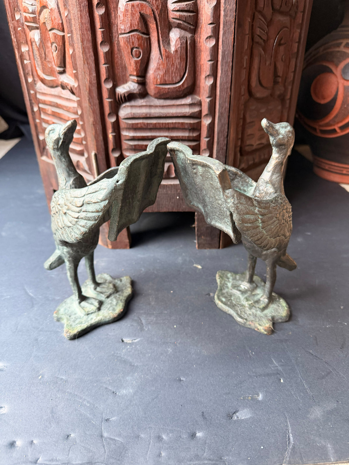 SPI San Pacific Cast Iron Bird Bookends Pair Open Book Verdigris Finish 8 in