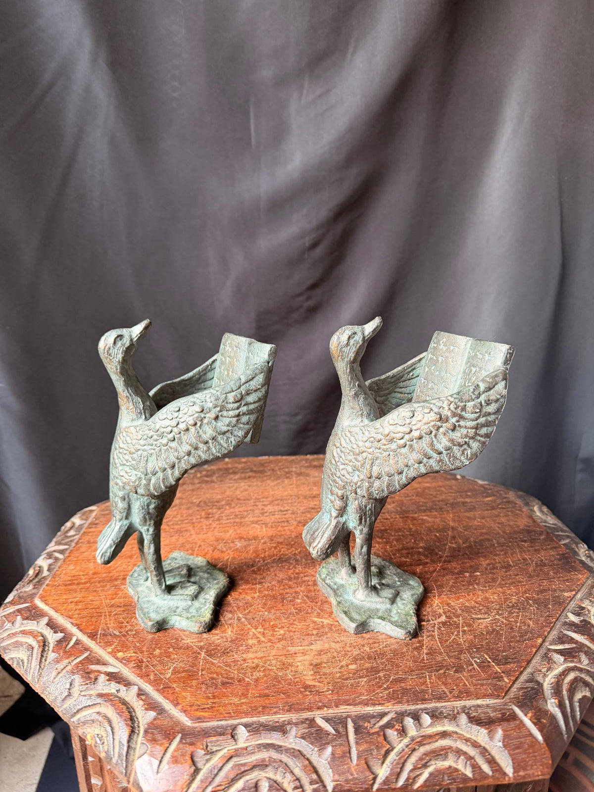 SPI San Pacific Cast Iron Bird Bookends Pair Open Book Verdigris Finish 8 in