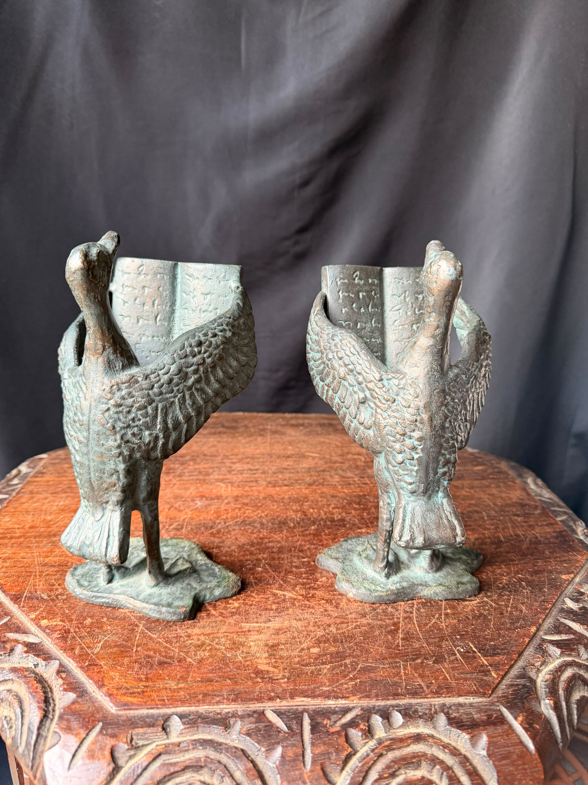 SPI San Pacific Cast Iron Bird Bookends Pair Open Book Verdigris Finish 8 in