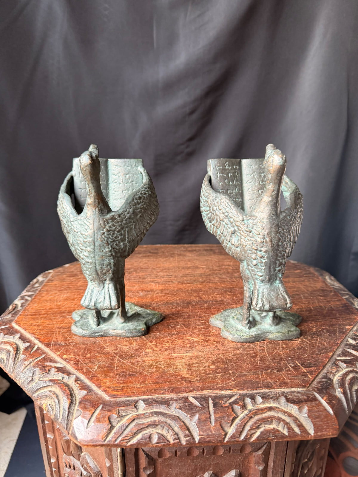 SPI San Pacific Cast Iron Bird Bookends Pair Open Book Verdigris Finish 8 in