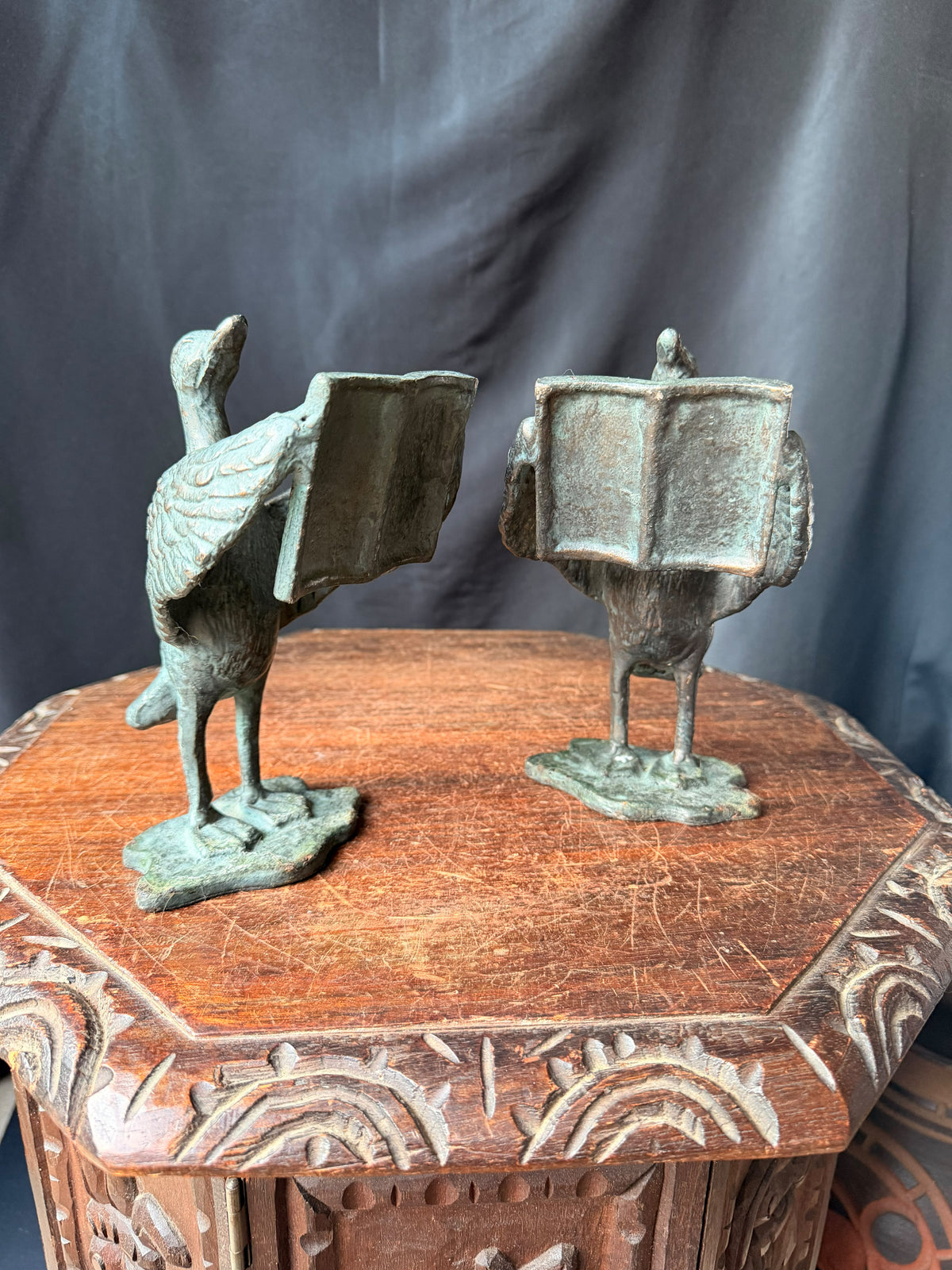 SPI San Pacific Cast Iron Bird Bookends Pair Open Book Verdigris Finish 8 in