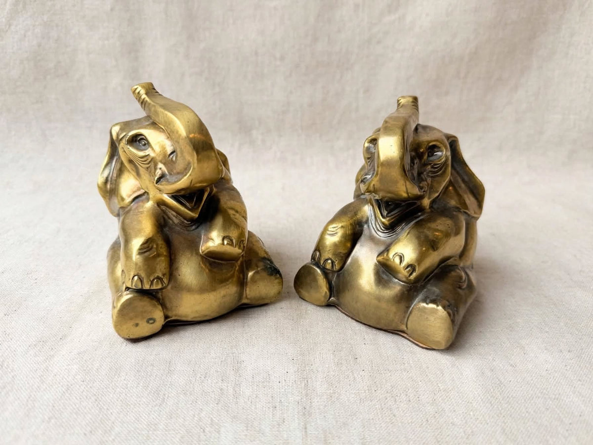 PM Craftsman Solid Brass Elephant Bookends Pair Seated Trunk Up 5 in Heavy
