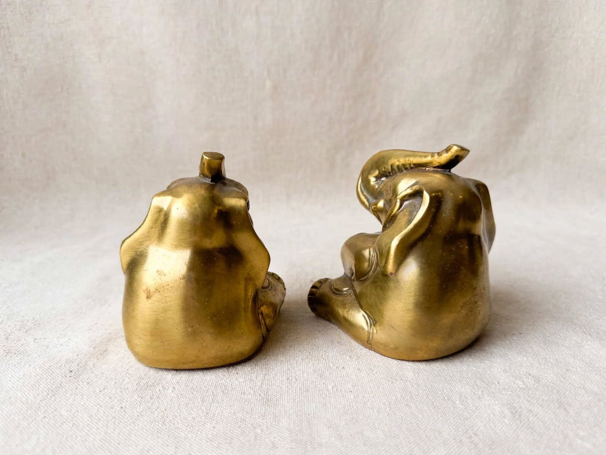 PM Craftsman Solid Brass Elephant Bookends Pair Seated Trunk Up 5 in Heavy