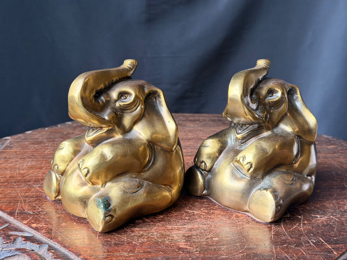 PM Craftsman Solid Brass Elephant Bookends Pair Seated Trunk Up 5 in Heavy