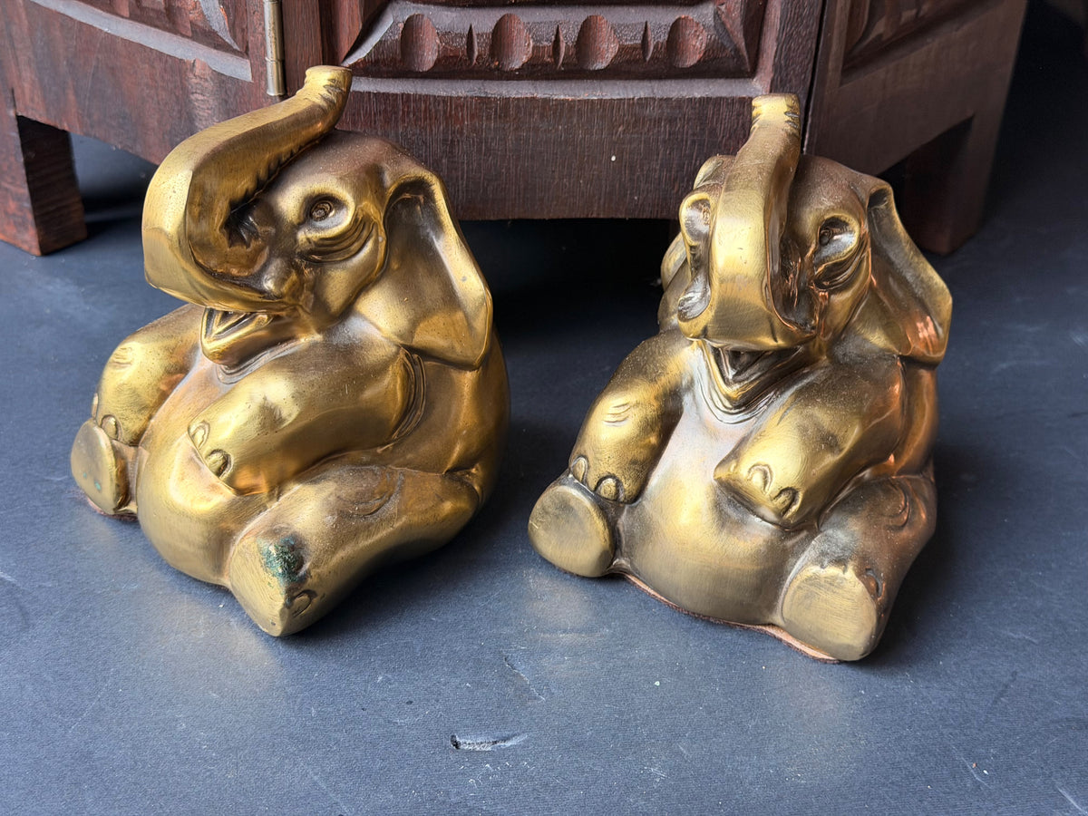 PM Craftsman Solid Brass Elephant Bookends Pair Seated Trunk Up 5 in Heavy
