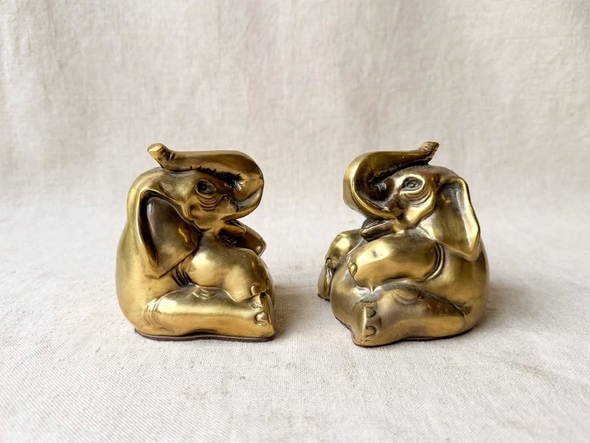 PM Craftsman Solid Brass Elephant Bookends Pair Seated Trunk Up 5 in Heavy