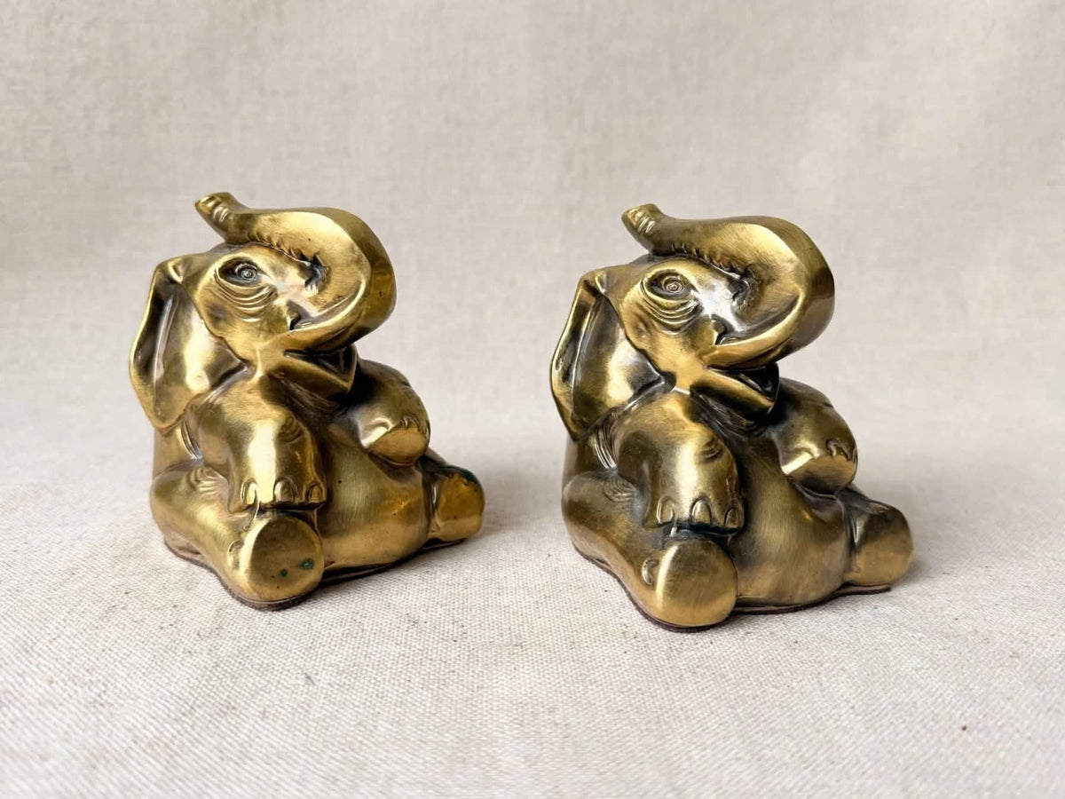 PM Craftsman Solid Brass Elephant Bookends Pair Seated Trunk Up 5 in Heavy