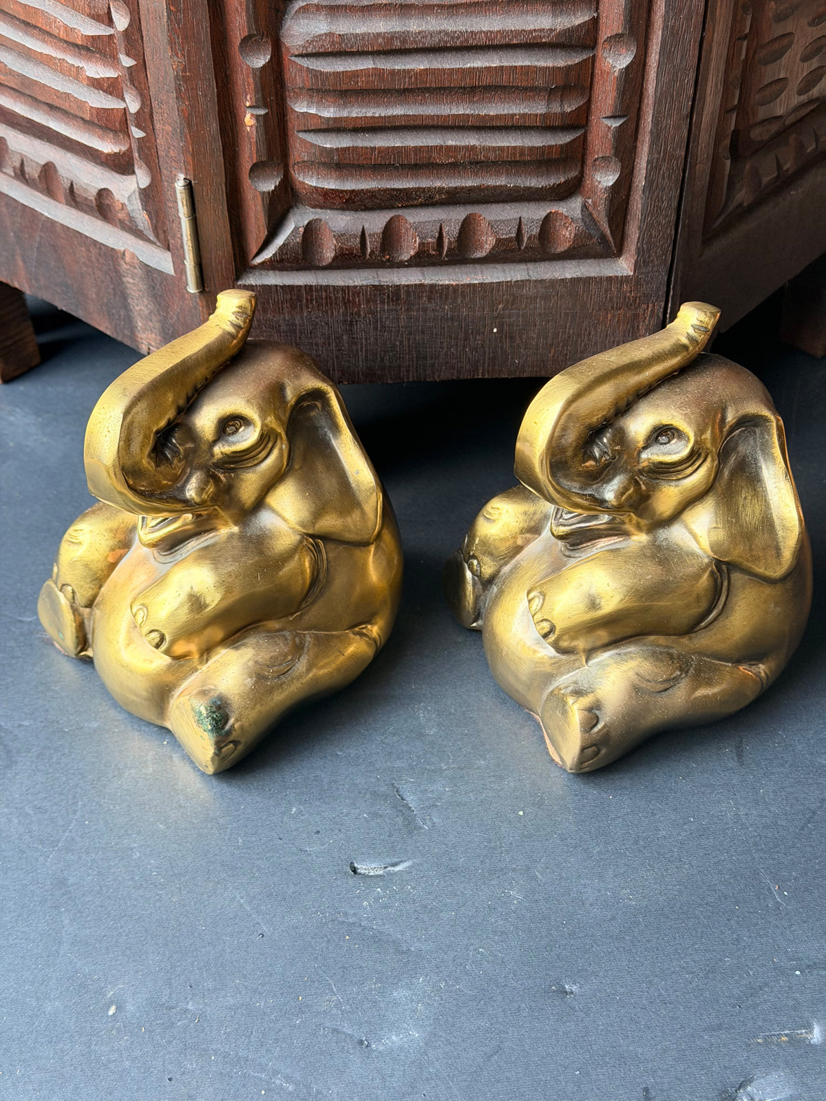PM Craftsman Solid Brass Elephant Bookends Pair Seated Trunk Up 5 in Heavy