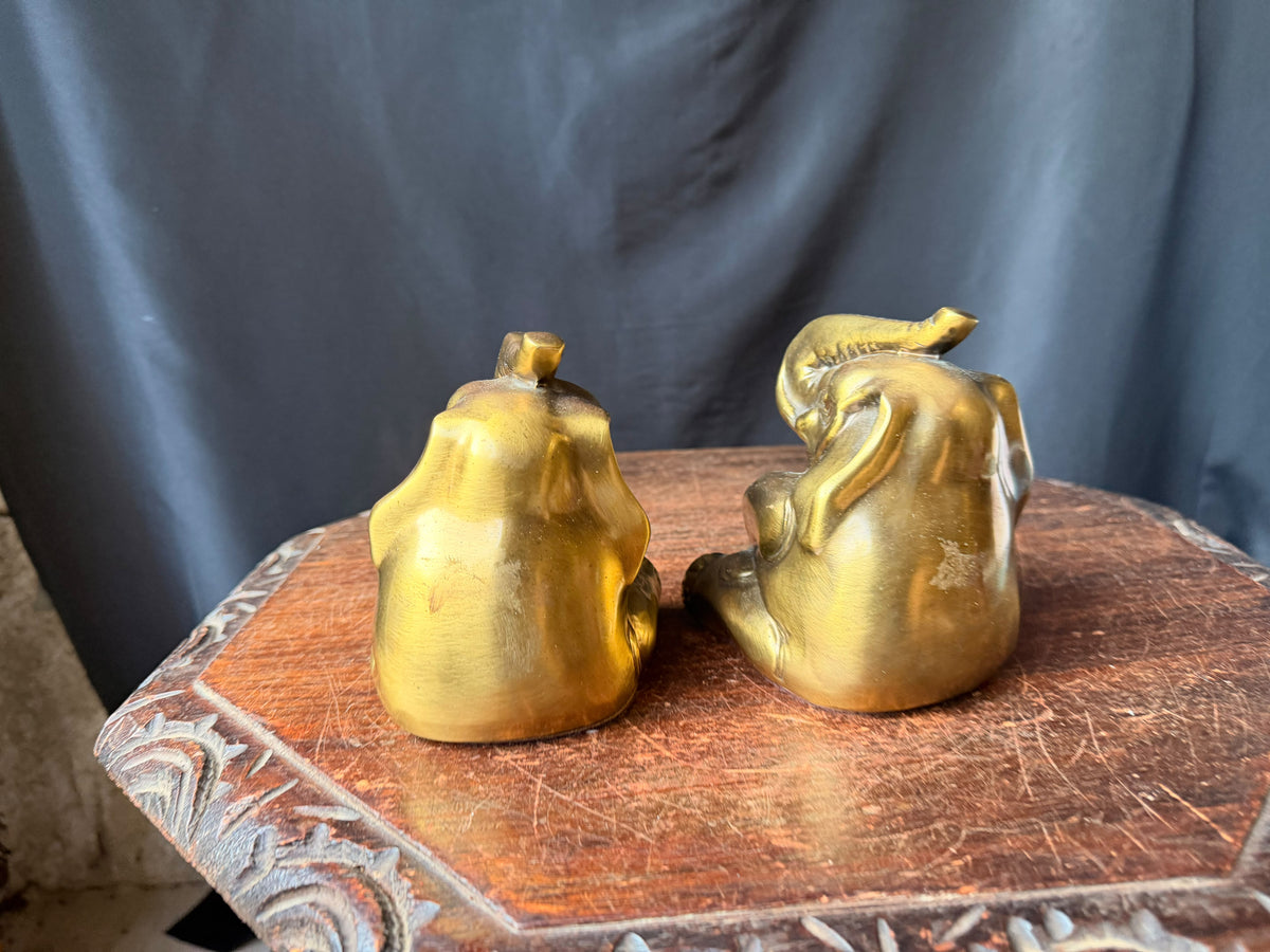 PM Craftsman Solid Brass Elephant Bookends Pair Seated Trunk Up 5 in Heavy