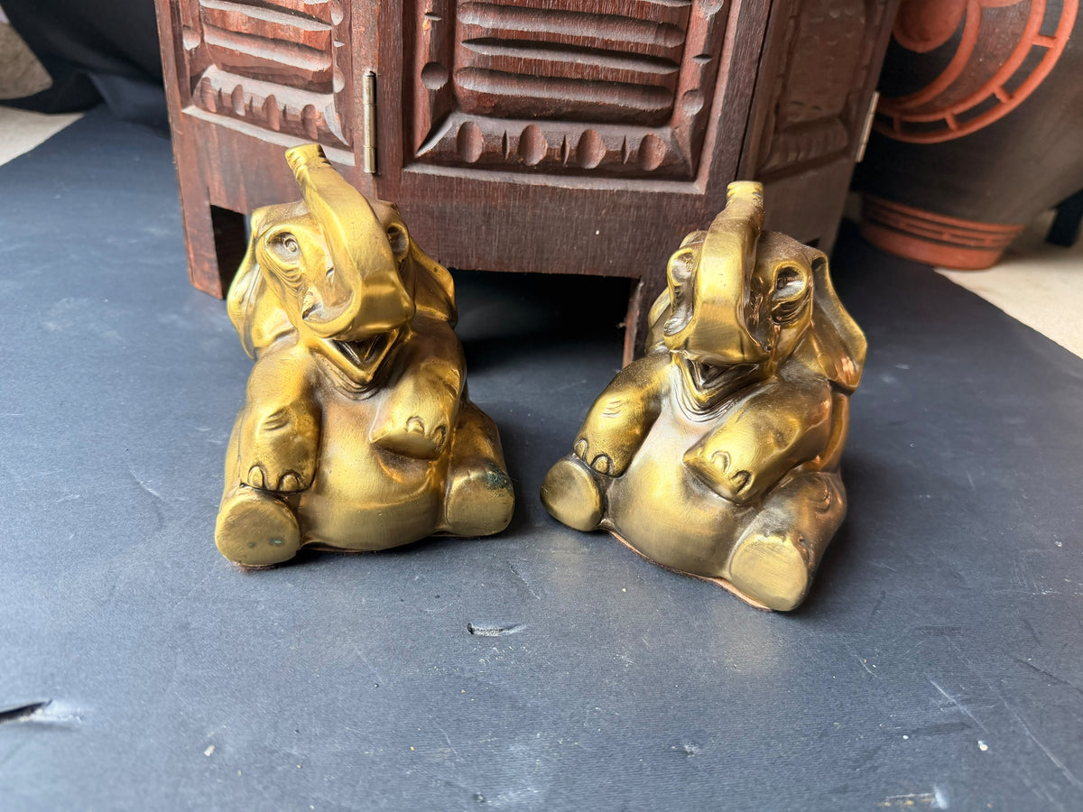 PM Craftsman Solid Brass Elephant Bookends Pair Seated Trunk Up 5 in Heavy