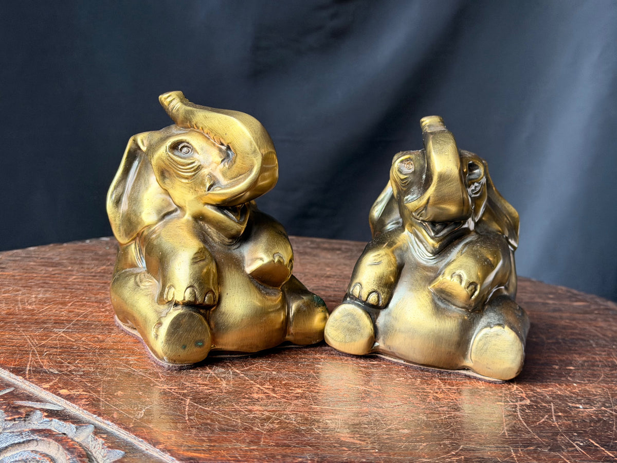PM Craftsman Solid Brass Elephant Bookends Pair Seated Trunk Up 5 in Heavy
