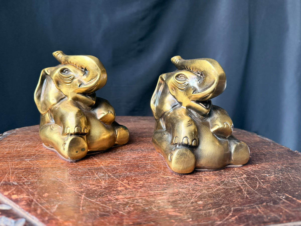 PM Craftsman Solid Brass Elephant Bookends Pair Seated Trunk Up 5 in Heavy