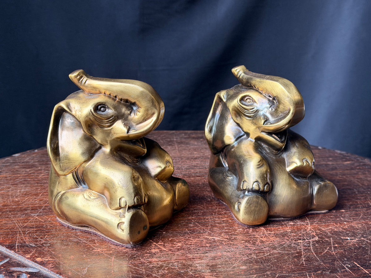 PM Craftsman Solid Brass Elephant Bookends Pair Seated Trunk Up 5 in Heavy
