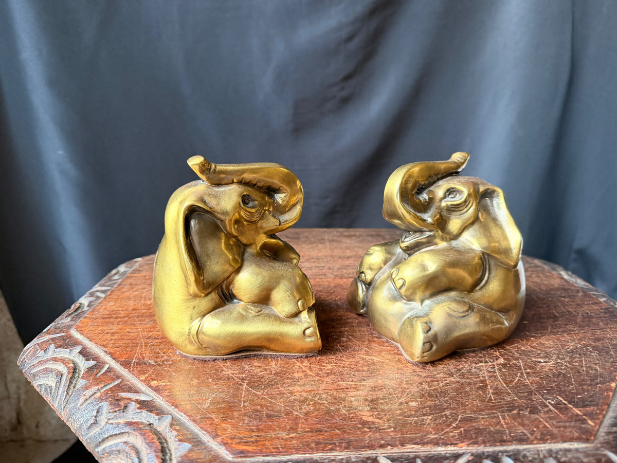 PM Craftsman Solid Brass Elephant Bookends Pair Seated Trunk Up 5 in Heavy