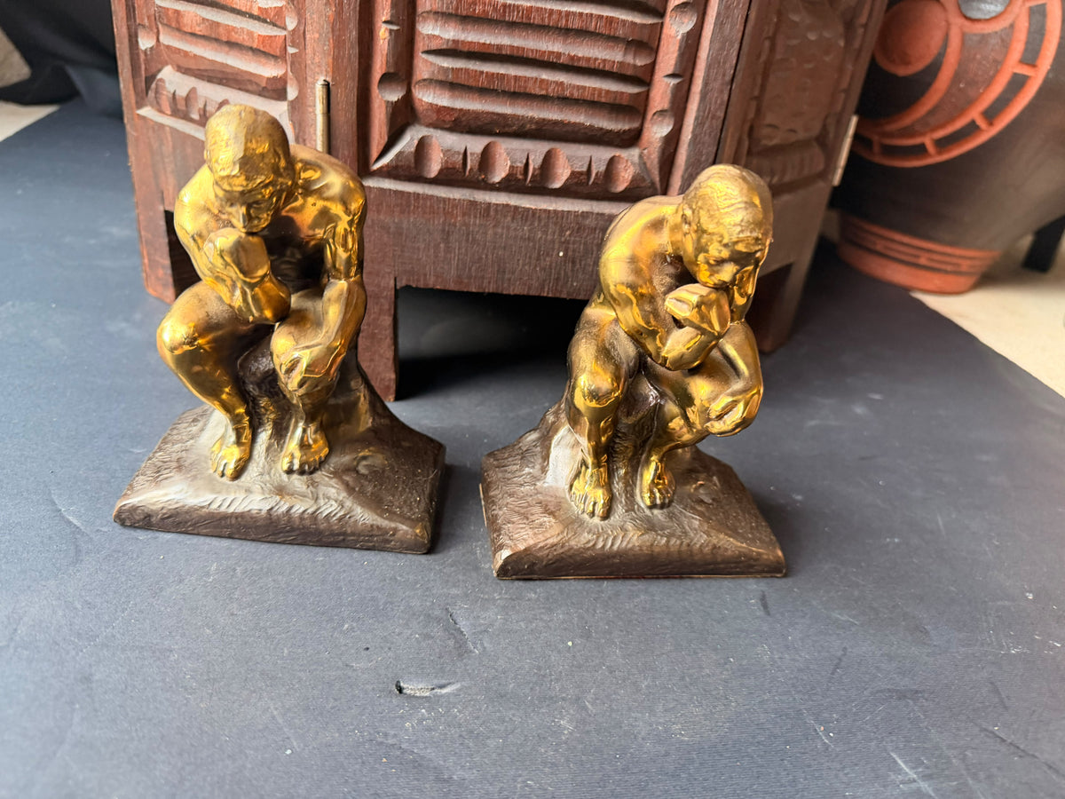 PMC Philadelphia Thinker Bookends Pair After Rodin Brass Finish Cast Metal 6 in