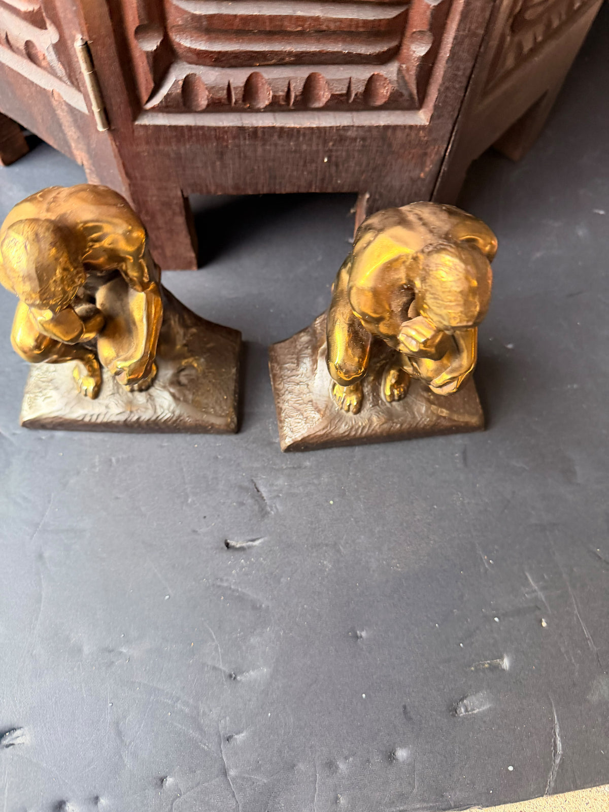 PMC Philadelphia Thinker Bookends Pair After Rodin Brass Finish Cast Metal 6 in