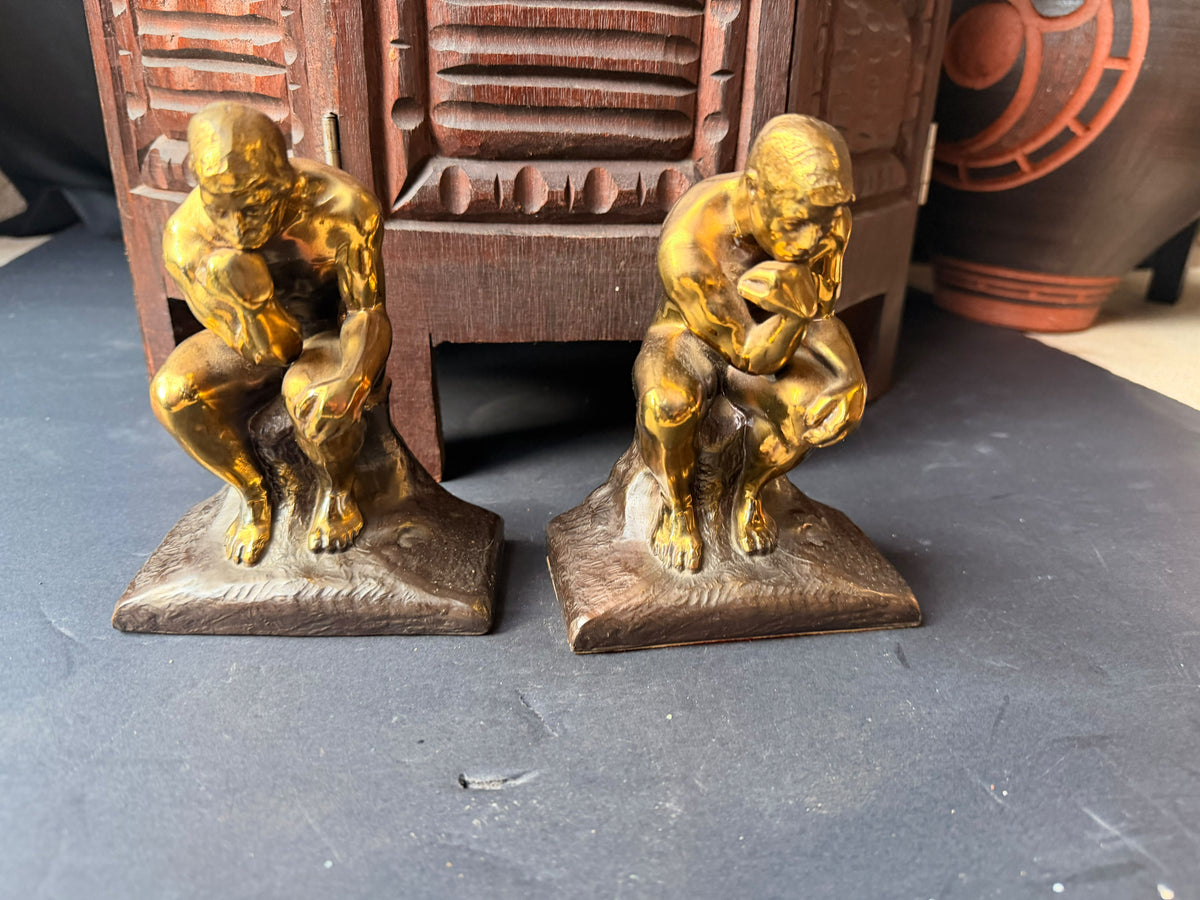 PMC Philadelphia Thinker Bookends Pair After Rodin Brass Finish Cast Metal 6 in