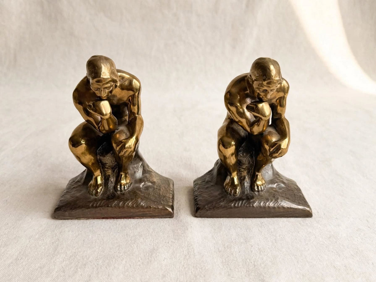 PMC Philadelphia Thinker Bookends Pair After Rodin Brass Finish Cast Metal 6 in