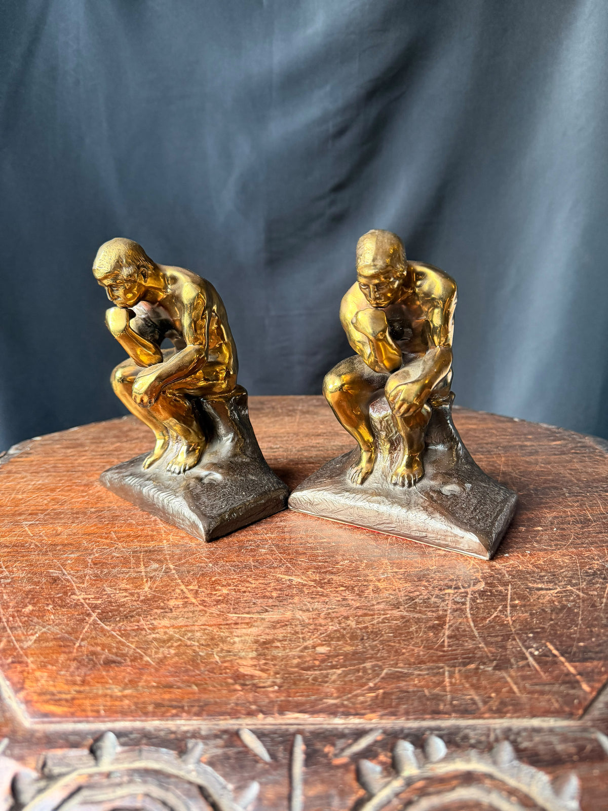 PMC Philadelphia Thinker Bookends Pair After Rodin Brass Finish Cast Metal 6 in