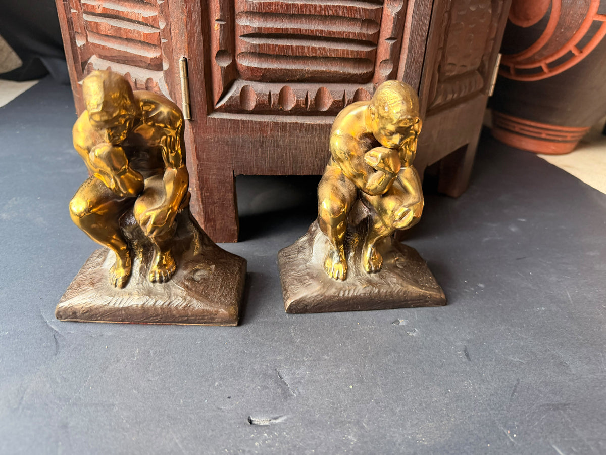 PMC Philadelphia Thinker Bookends Pair After Rodin Brass Finish Cast Metal 6 in