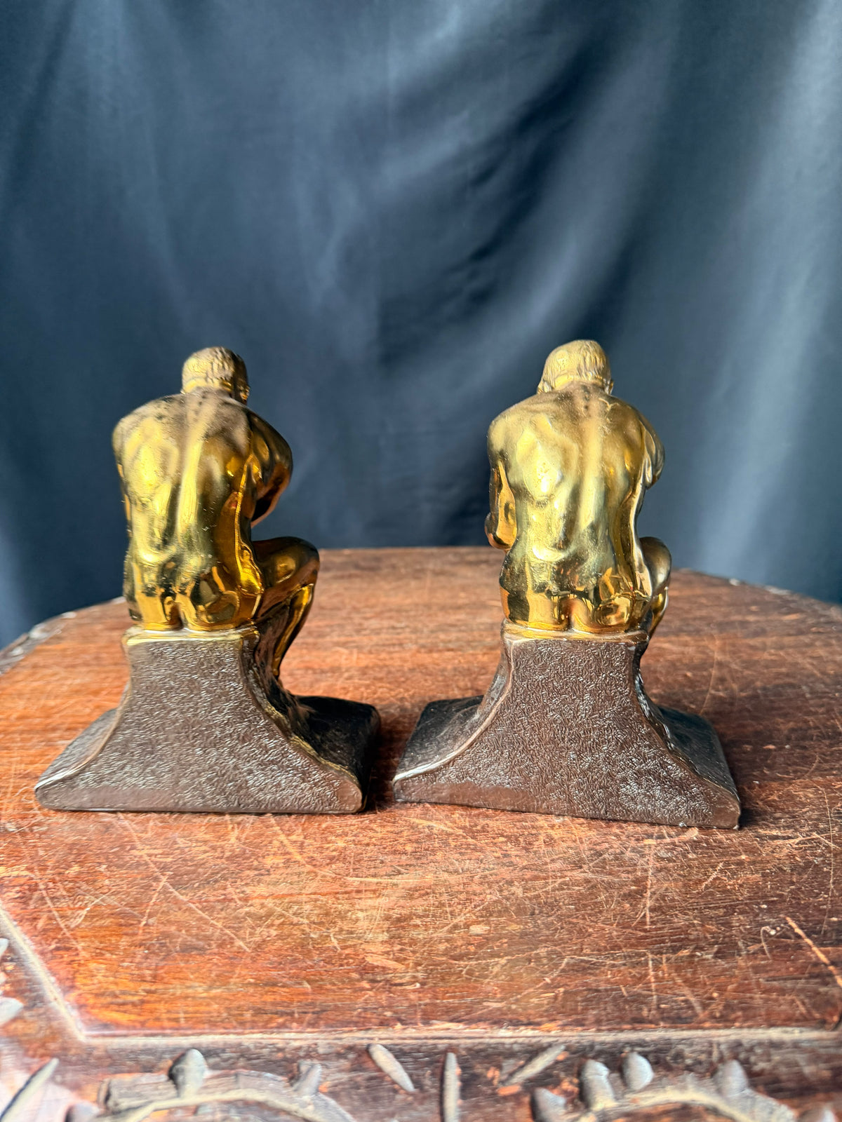 PMC Philadelphia Thinker Bookends Pair After Rodin Brass Finish Cast Metal 6 in
