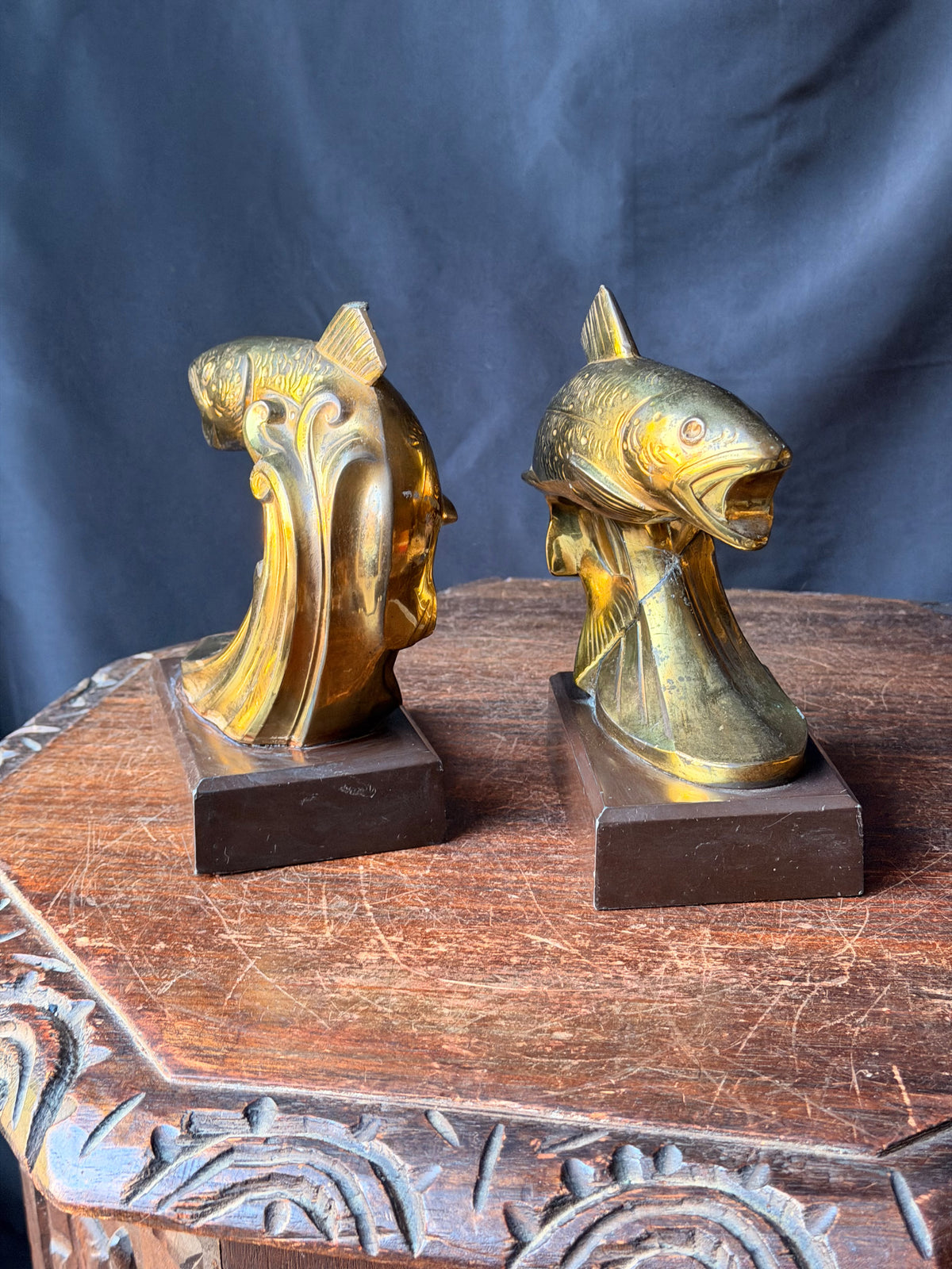 PMC Philadelphia Leaping Fish Bookends Pair Trout Gold Tone Cast Metal 6.5 in