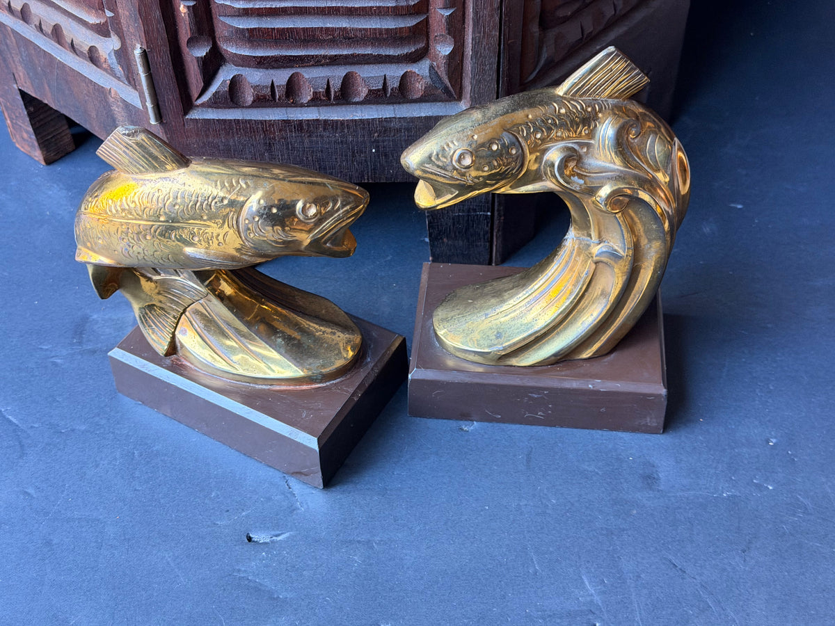 PMC Philadelphia Leaping Fish Bookends Pair Trout Gold Tone Cast Metal 6.5 in