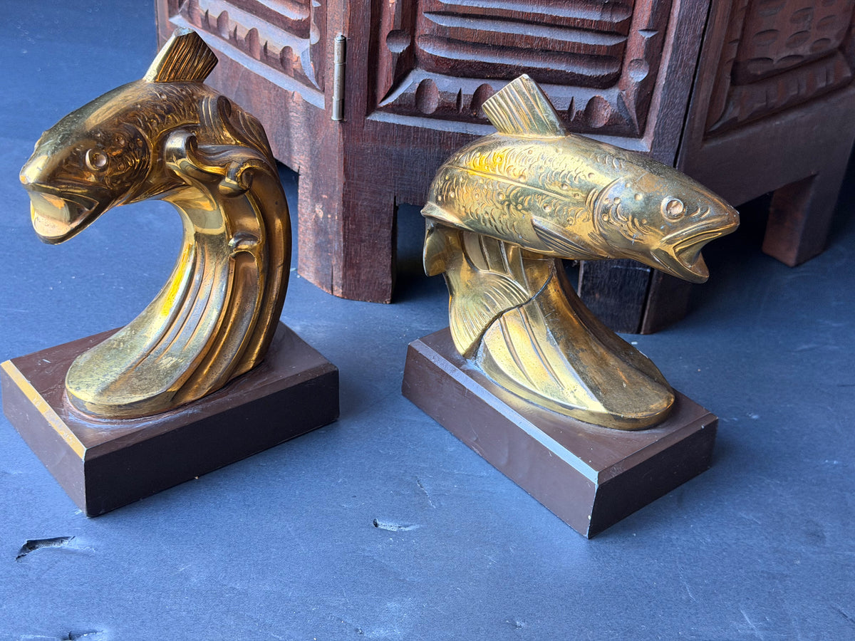 PMC Philadelphia Leaping Fish Bookends Pair Trout Gold Tone Cast Metal 6.5 in