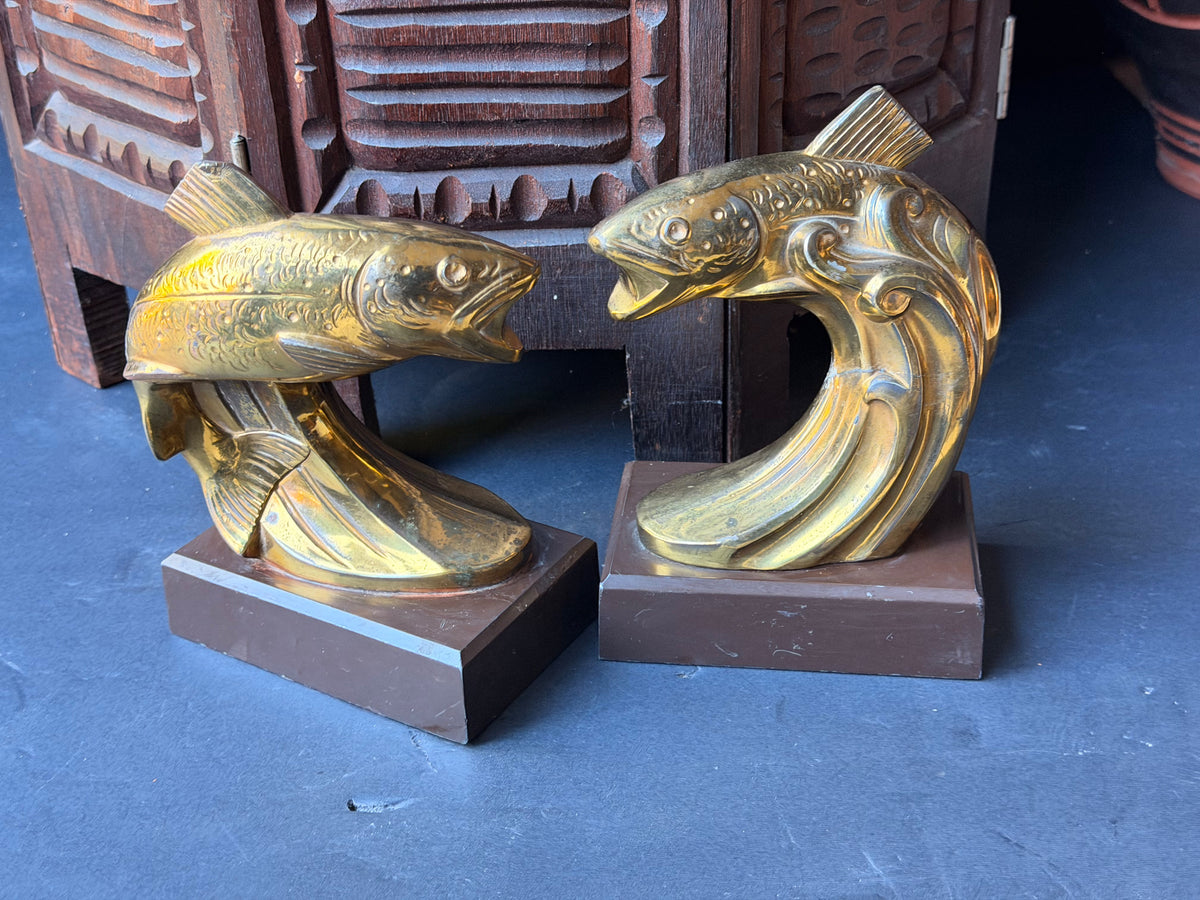 PMC Philadelphia Leaping Fish Bookends Pair Trout Gold Tone Cast Metal 6.5 in