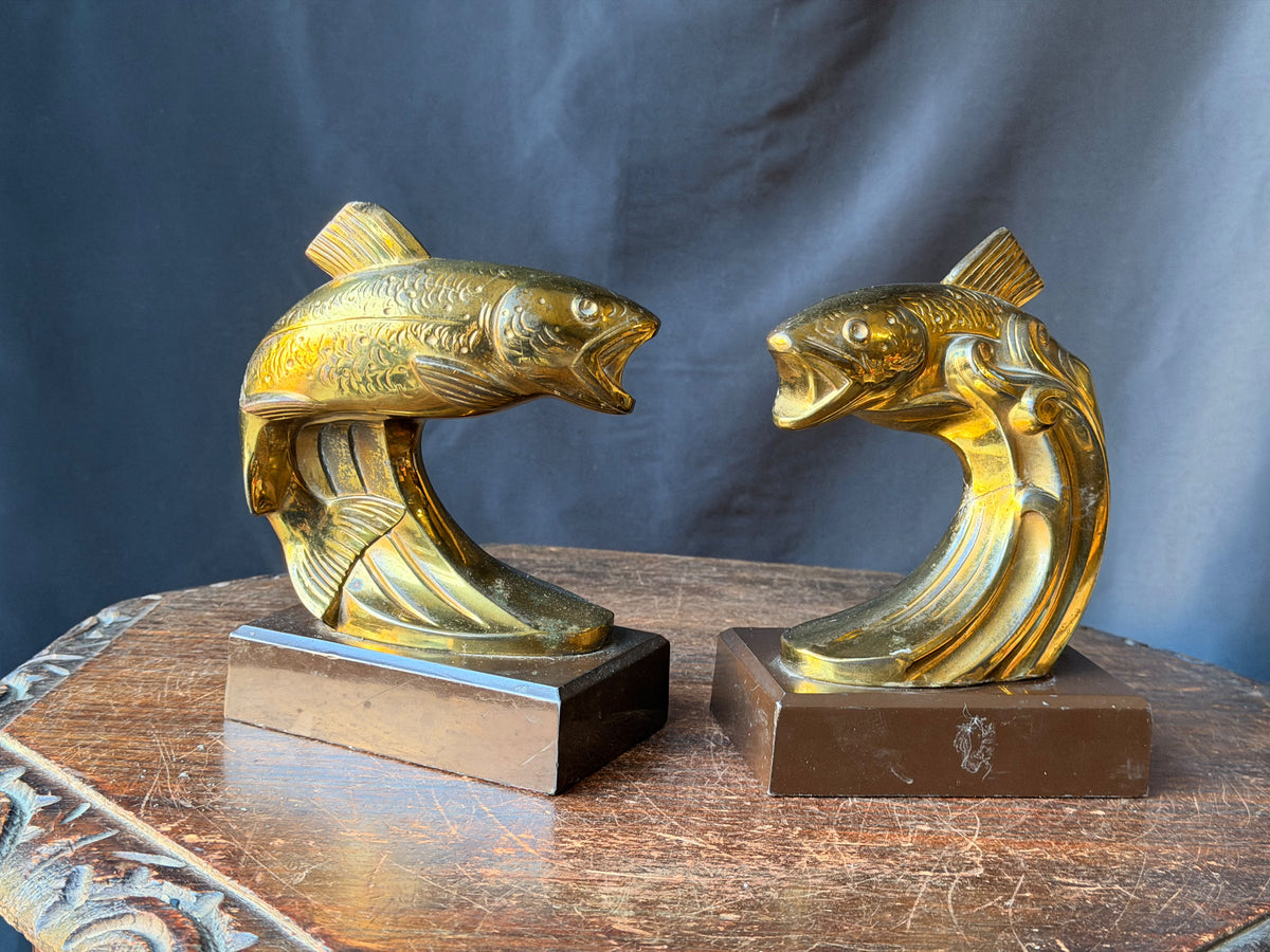 PMC Philadelphia Leaping Fish Bookends Pair Trout Gold Tone Cast Metal 6.5 in