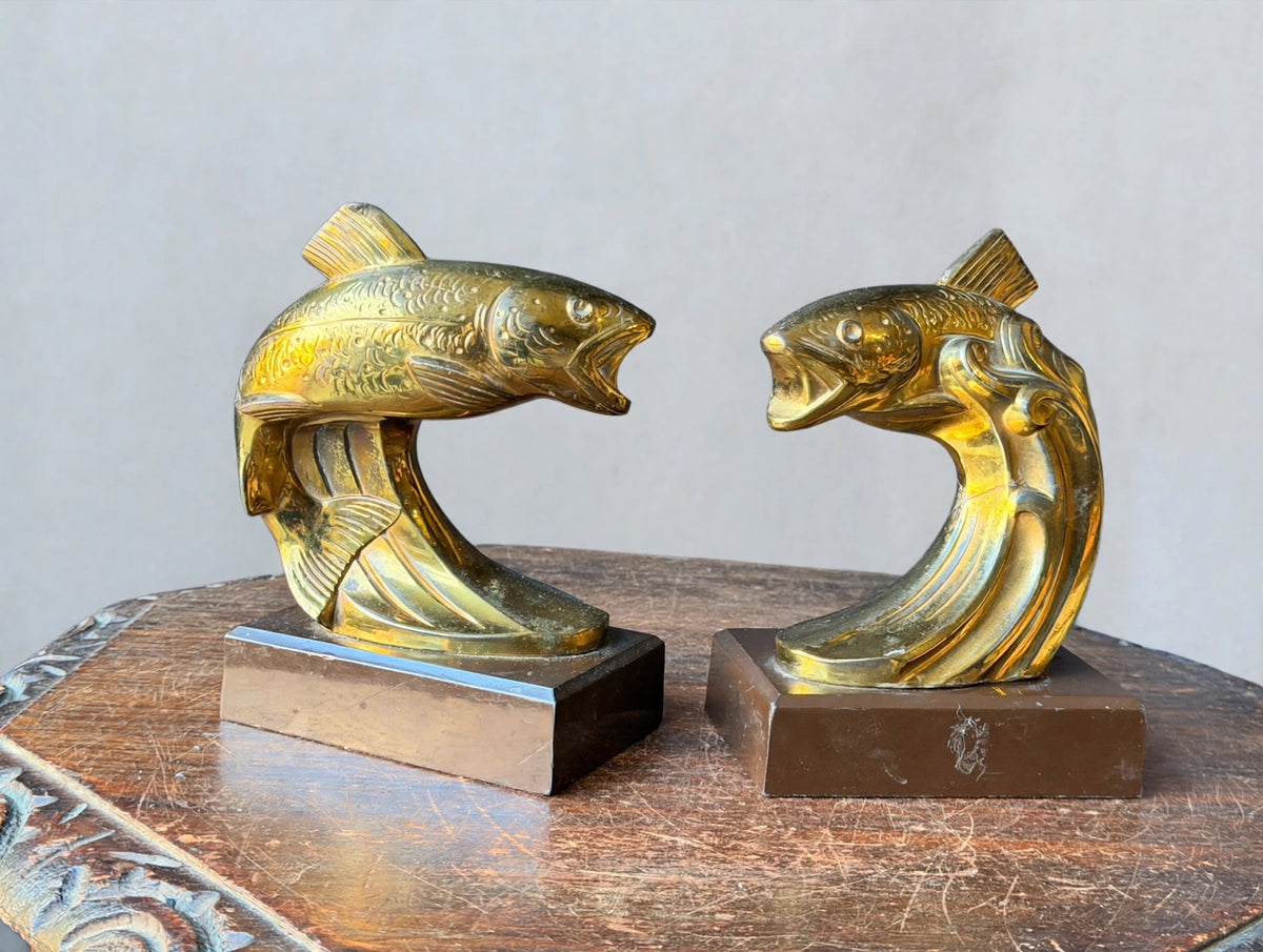 PMC Philadelphia Leaping Fish Bookends Pair Trout Gold Tone Cast Metal 6.5 in