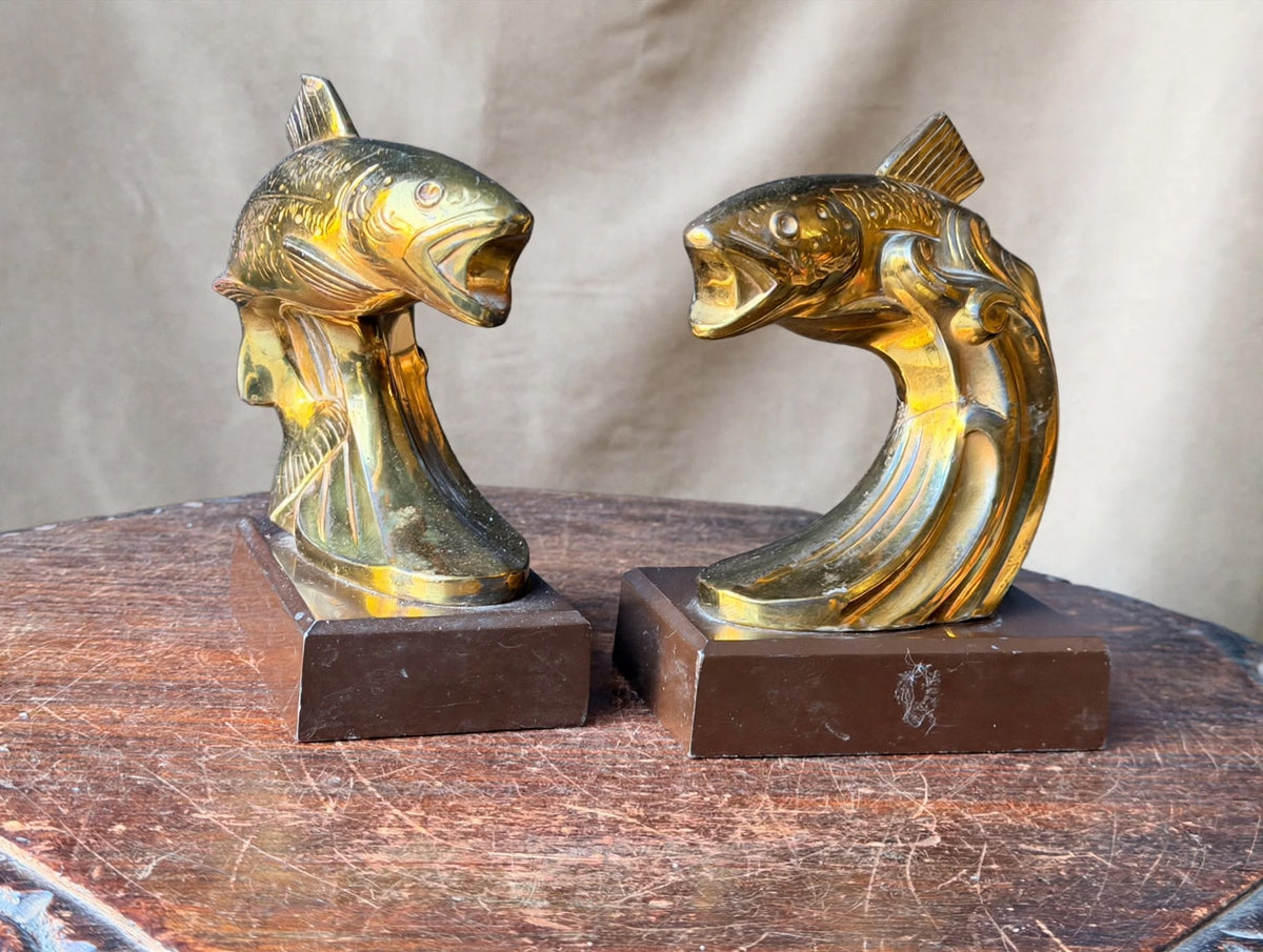 PMC Philadelphia Leaping Fish Bookends Pair Trout Gold Tone Cast Metal 6.5 in