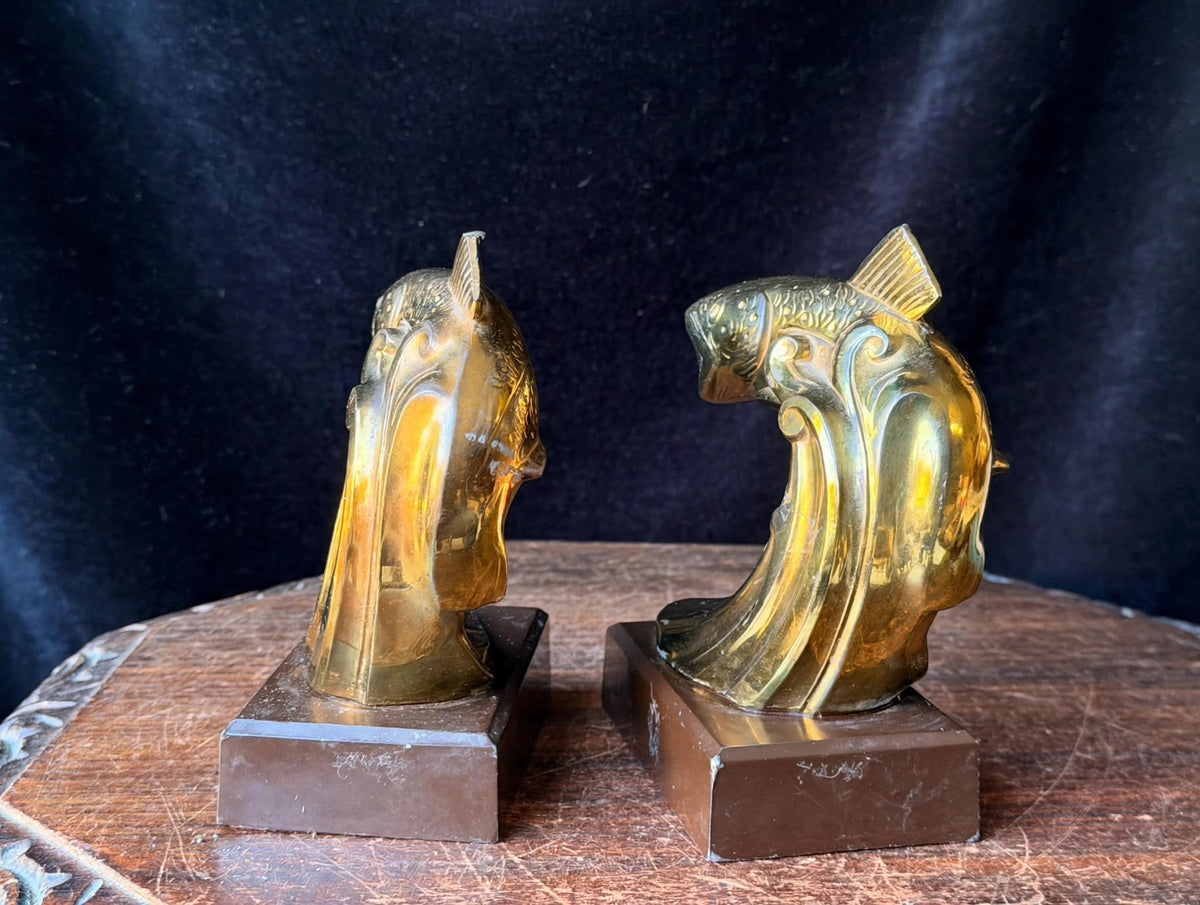 PMC Philadelphia Leaping Fish Bookends Pair Trout Gold Tone Cast Metal 6.5 in