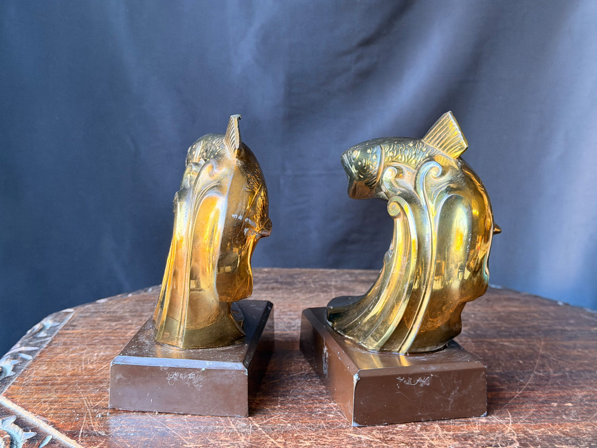 PMC Philadelphia Leaping Fish Bookends Pair Trout Gold Tone Cast Metal 6.5 in