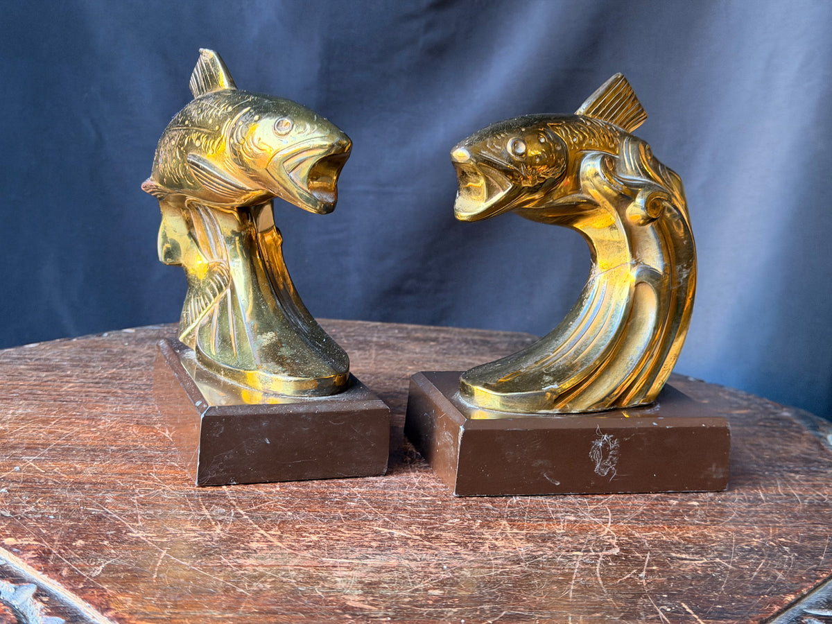 PMC Philadelphia Leaping Fish Bookends Pair Trout Gold Tone Cast Metal 6.5 in