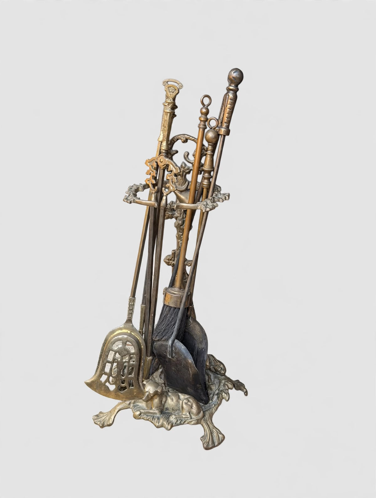 Ornate Brass Fireplace Tool Set Hunting Dog Stand 8 Pc Hearth Companion 21.5 in