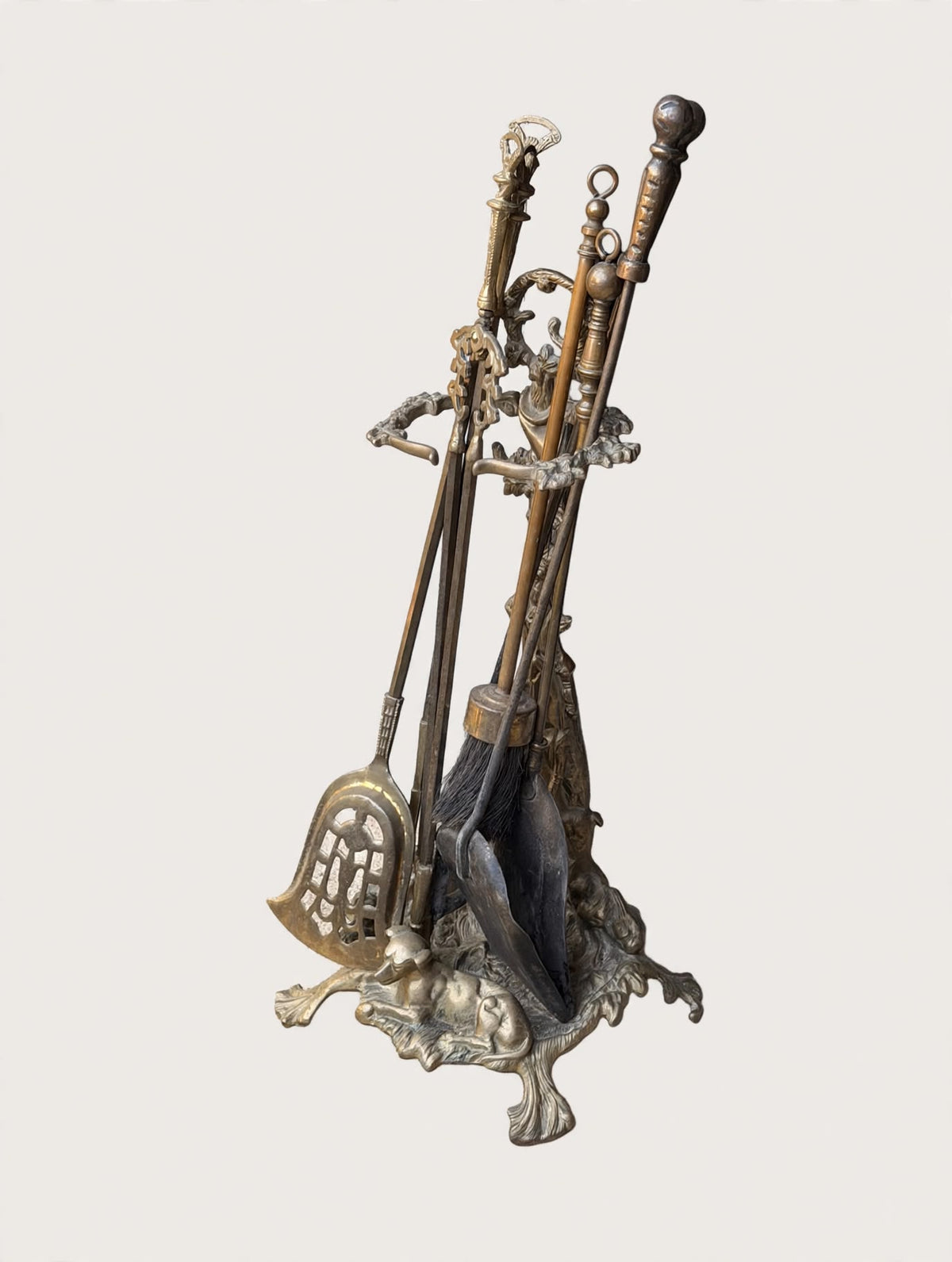 Ornate Brass Fireplace Tool Set Hunting Dog Stand 8 Pc Hearth Companion 21.5 in