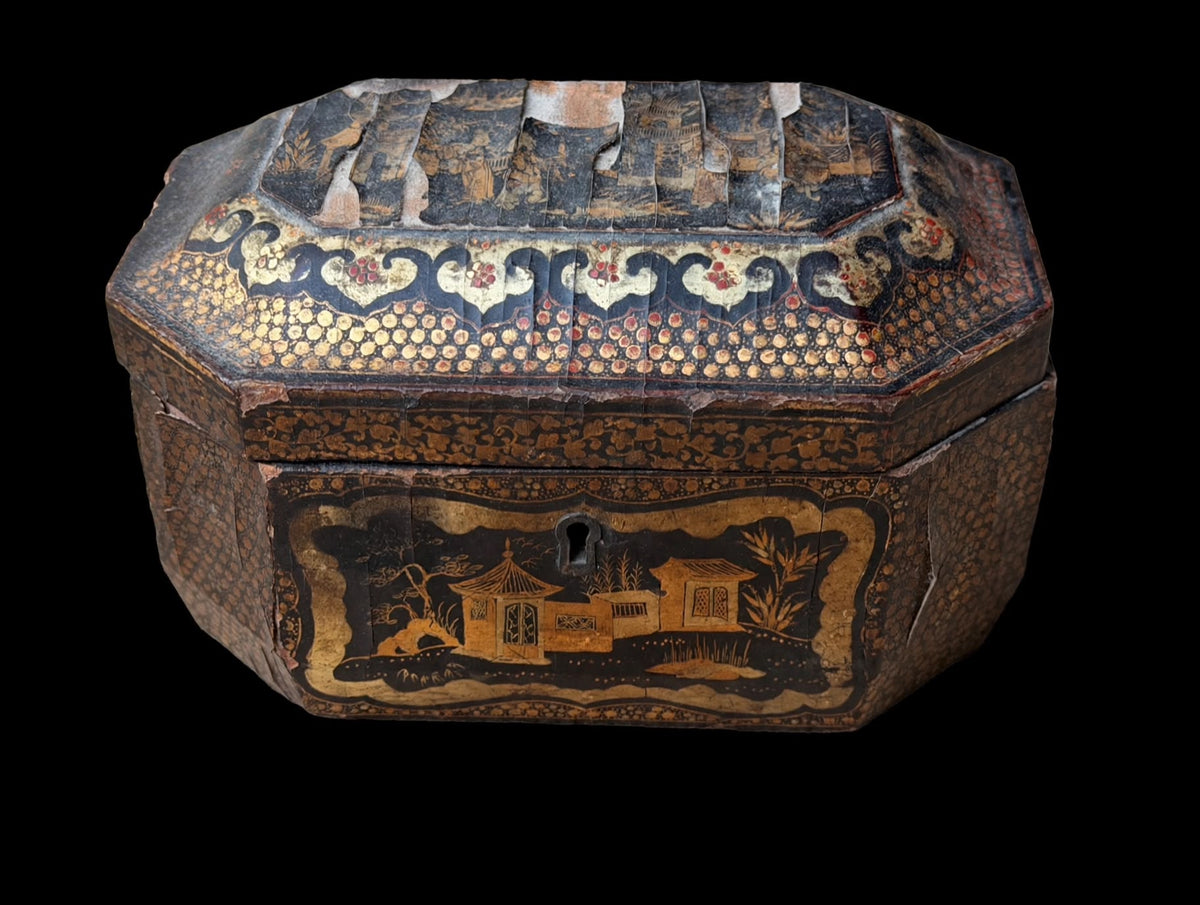 Antique Chinese Export Black Gilt Lacquer Tea Caddy Pewter Canisters Qing 19th C